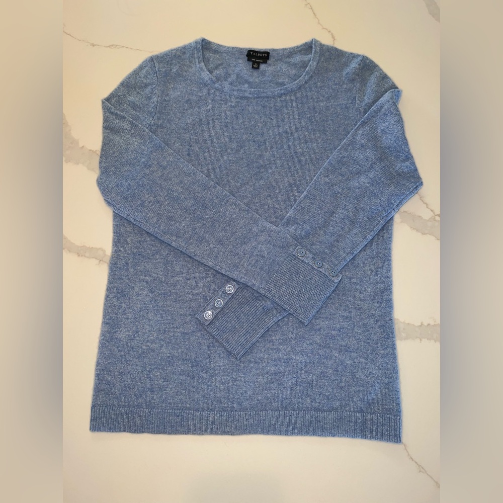 TALBOTS light blue heathered cashmere crewneck sweater, button cuff, size small - Picture 5 of 7